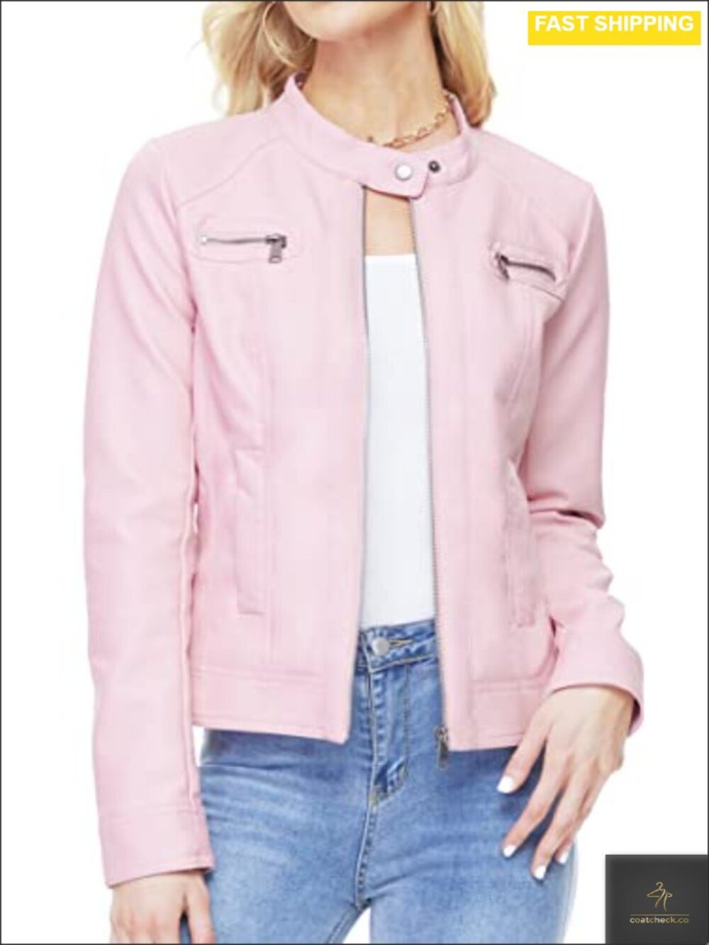 Faux Leather Jacket Stand Collar Slim Fit Long Sleeve Women's Coat